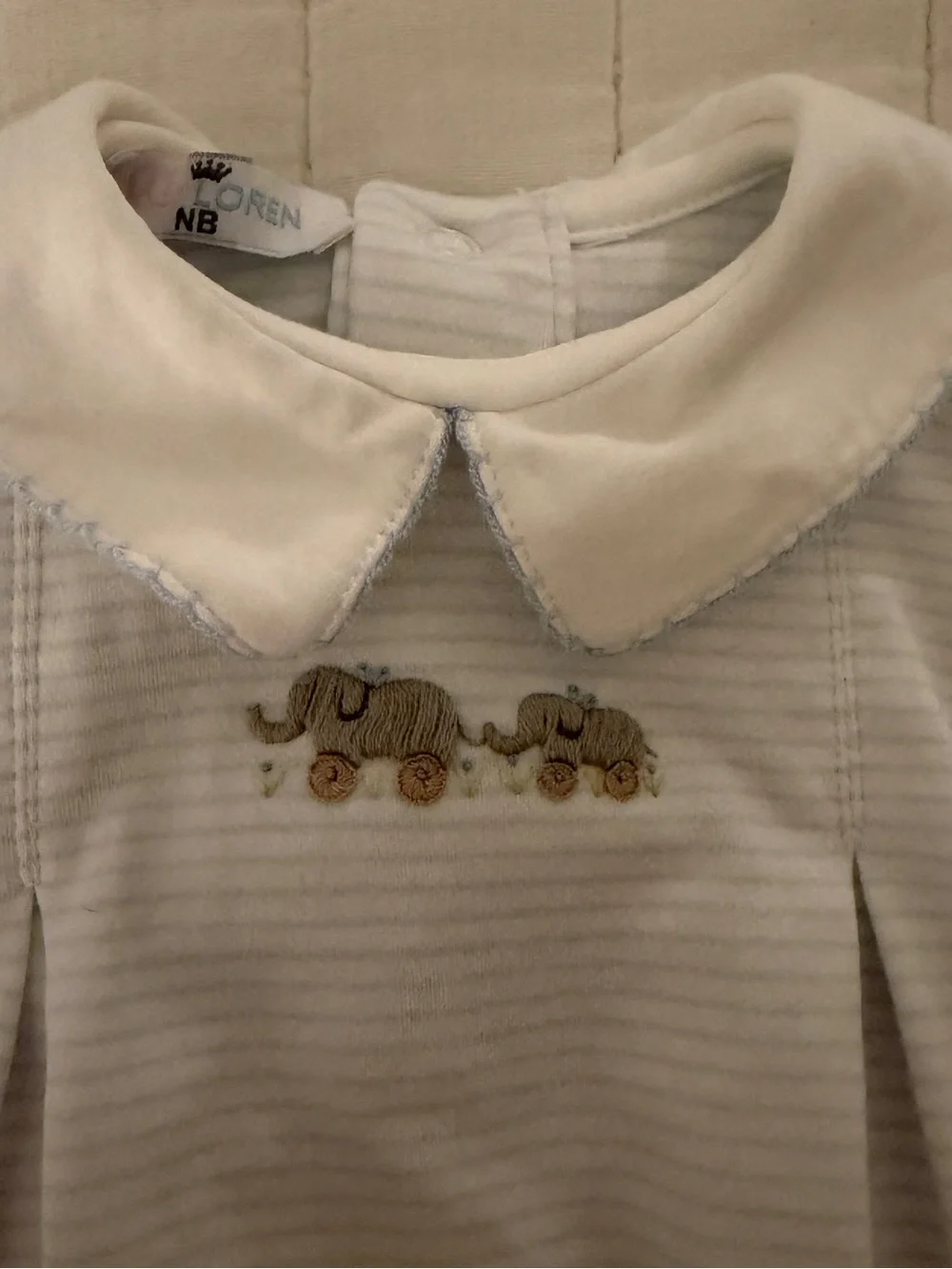 Baby Boys White & Light Blue Striped Footie One-Piece with Elephant Motif